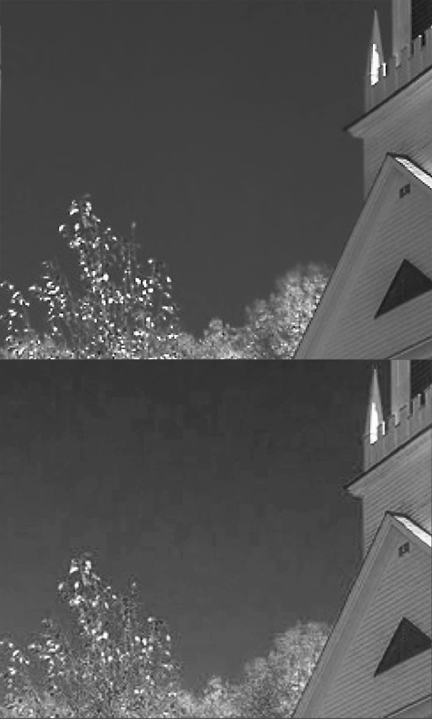 Black and white image showing the difference between good jpg quality vs. bad jpg quality