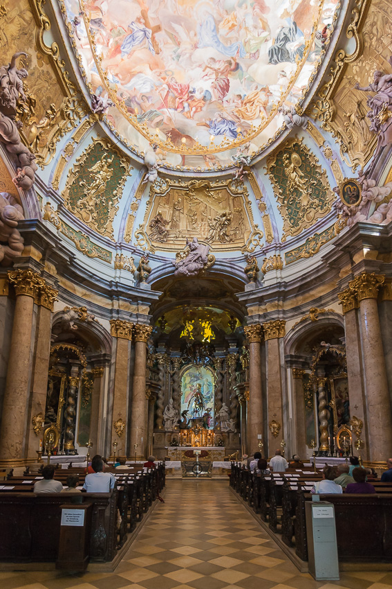 Inside the Church of St. George, Weltenburg Abbey, Bavaria, Germany with ceiling painting and ornaments on the walls
