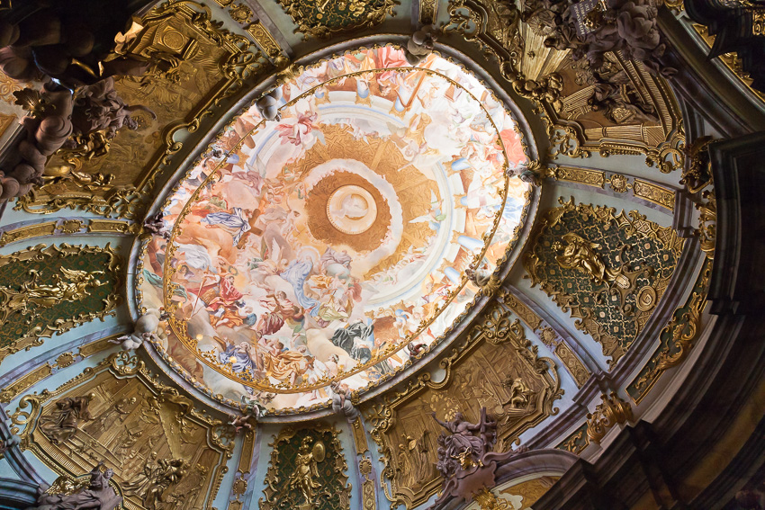 Photo of the ceiling painting and gold ornaments in the church of St. George, Weltenburg Abbey in Bavaria, Germany